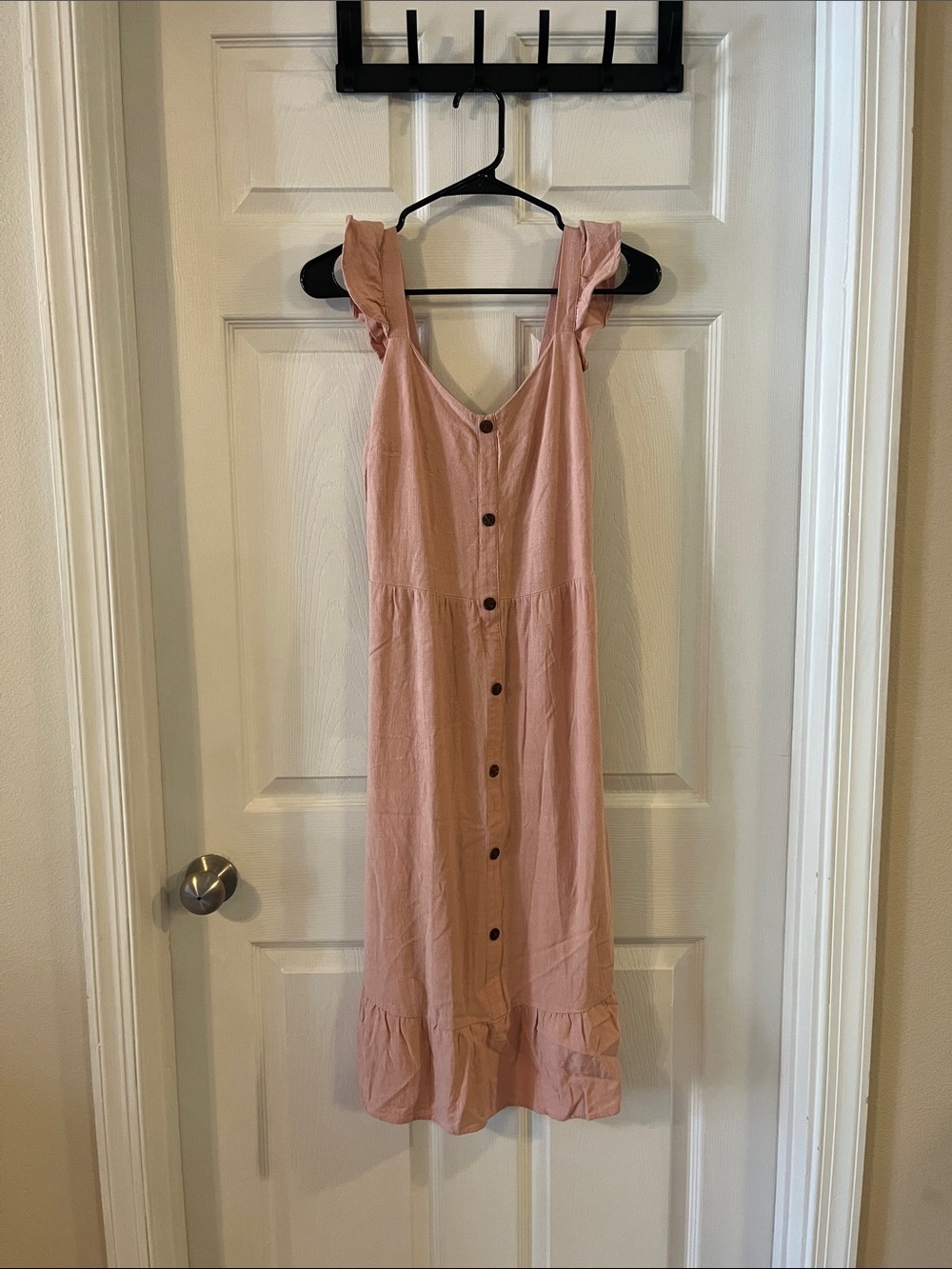 Sleeveless Button-Front Pink Ruffle-Trim Dress